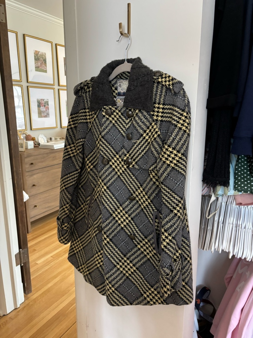 Free People Black & Yellow Plaid Double-Breasted Pea Coat